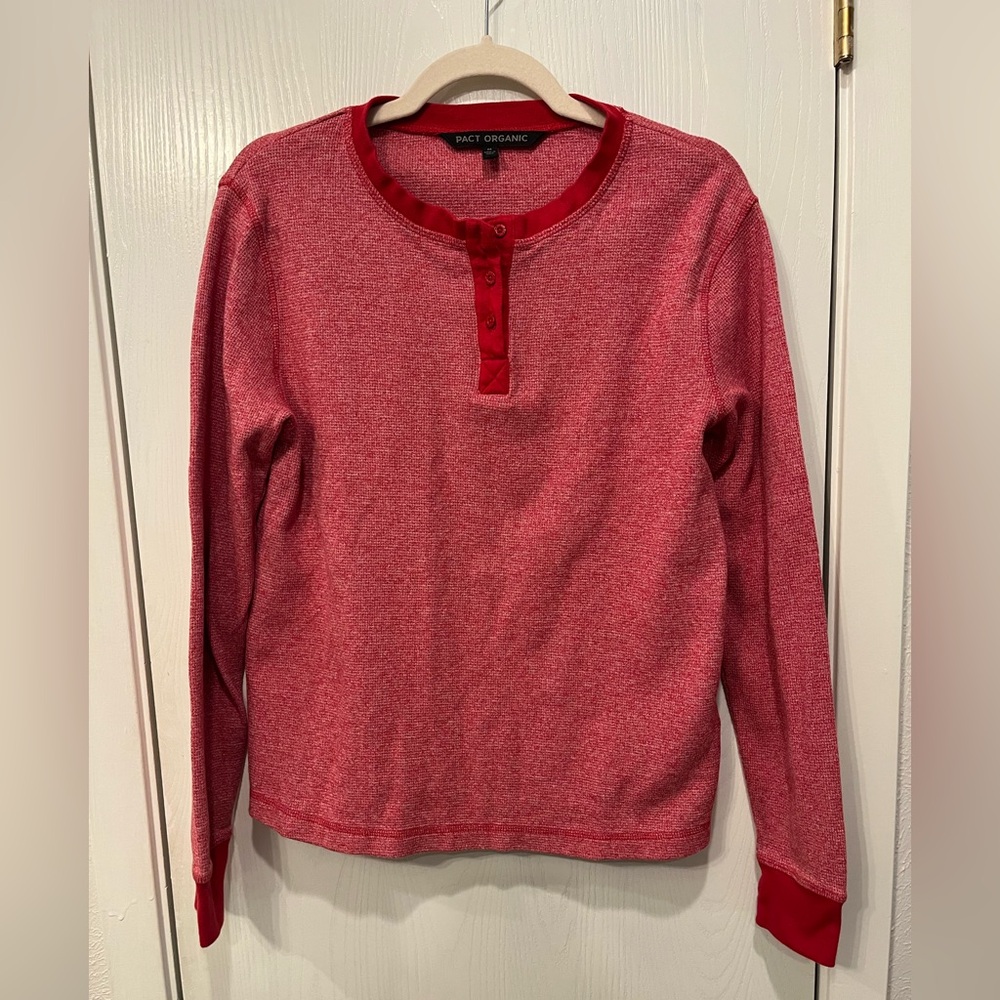 Pact Red Top Women’s Waffle Knit Henley Organic Cotton Layer Cozy Size Medium